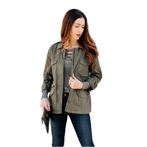Lily Aldridge for Velvet Womens Green Denim Utility Jacket Size P Petite Small - Picture 1 of 10